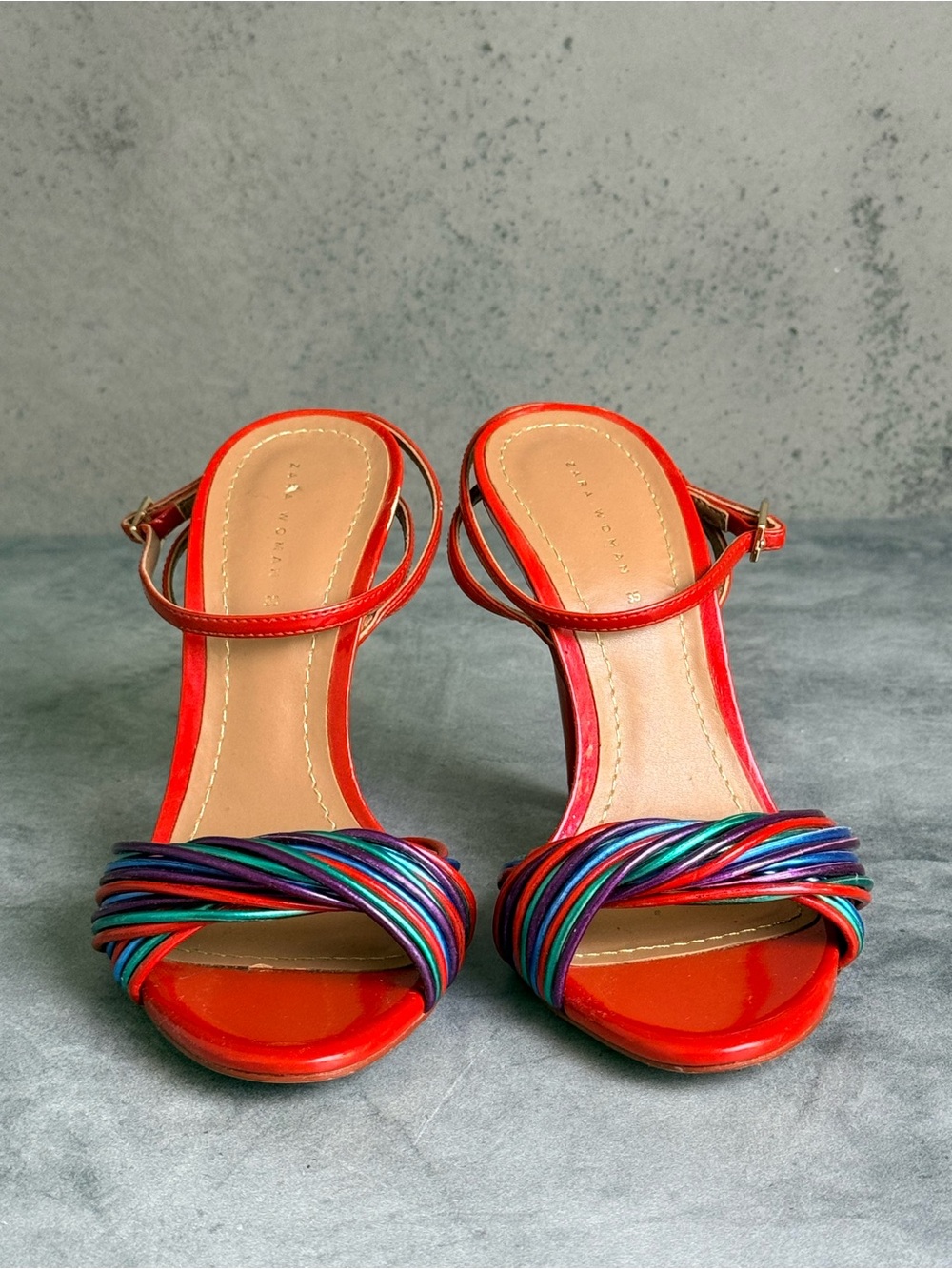 Zara Red Multi-Color Strap Heeled Sandals